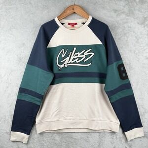 Guess‎ Crewneck Sweatshirt Mens XL Colorblock Green Cream Grunge Embroidered